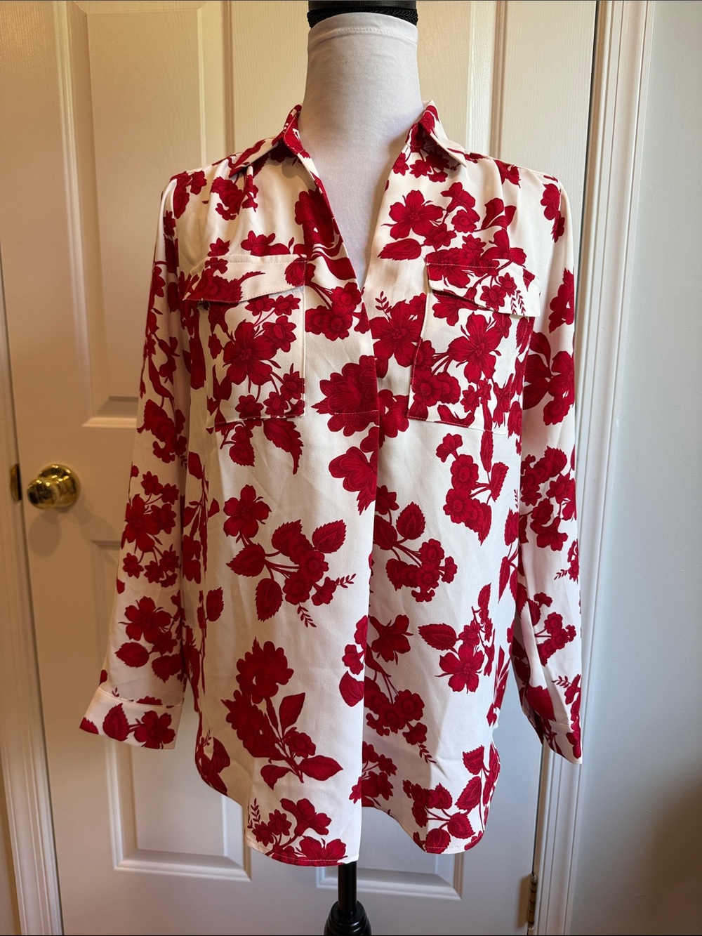 Ann Taylor Cream Button-Down Blouse with Red Floral Print